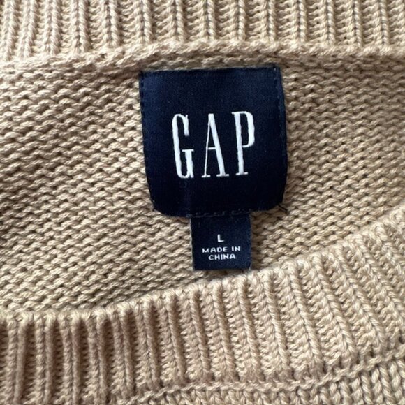 GAP Crewneck Sweater Camel L Ribbed Neck Cuffs Waist Cotton Pullover - Picture 3 of 6